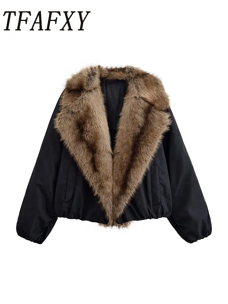 

TFAFXY 2025 Winter Women Jacket Fashion Long Sleeves Fur Collar Short Jacket Women Hight Street Casual Coat Y2K