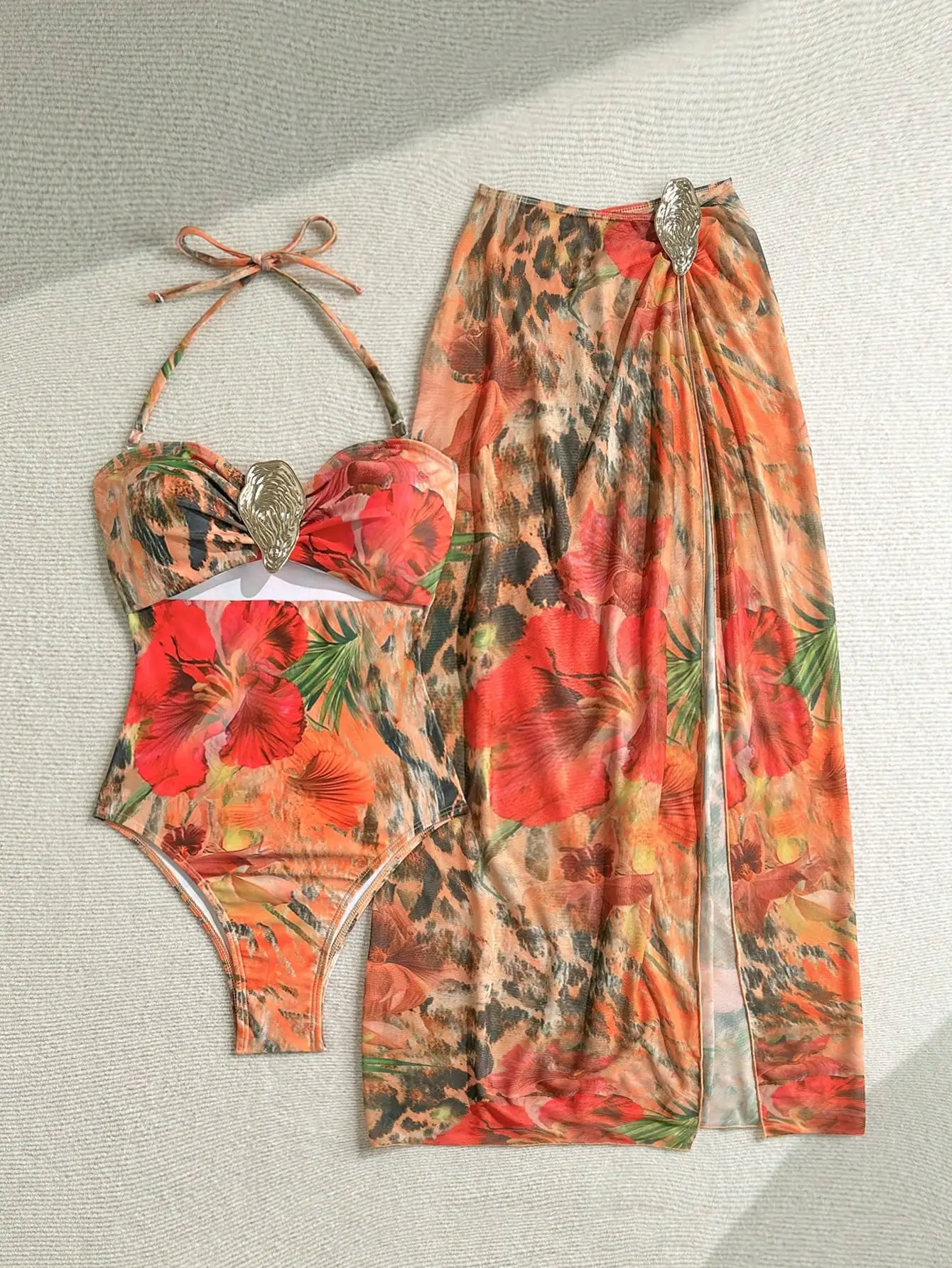 

Women Floral Print Halter Swimsuit With Matching Cover Up Skirt 3 Piece Set