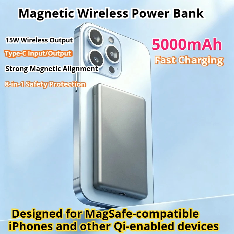 

5000mAh Magnetic Power Bank Type-C Fast Charging 15W Wireless Fashion Case for Iphones HUAWEI OPPO Pad & Camera Power Supply
