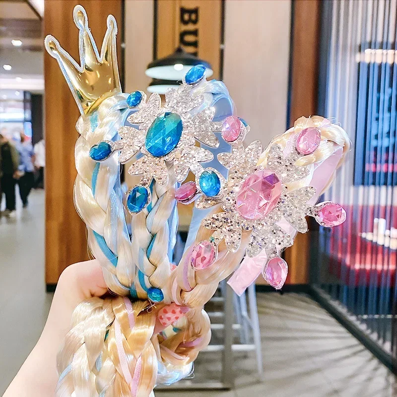 Girls Elsa Cosplay Headband Weaving Braid Tangled Snowflake Crown Headband Hair Accesorries Girl Princess Bow Hair Ornament