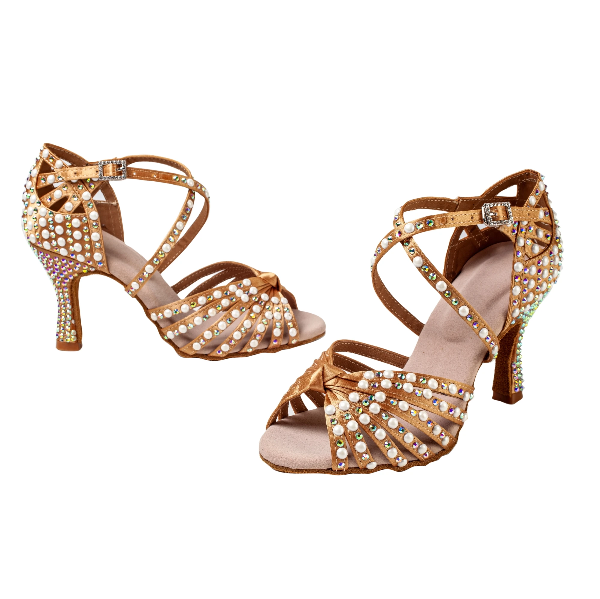 Профессиональная обувь для латинских танцев для женщин и взрослых, мягкая подошва на среднем каблуке 7,5 см с жемчугом и цветными бриллиантами, новые танцевальные сандалии