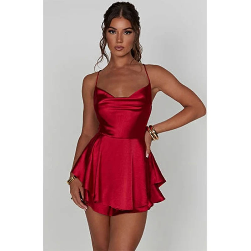 Donne tinta unita Cami salopette corta collo ad anello tute corte estate Cross Tie-Up Backless pagliaccetto Clubwear abito elegante per le donne