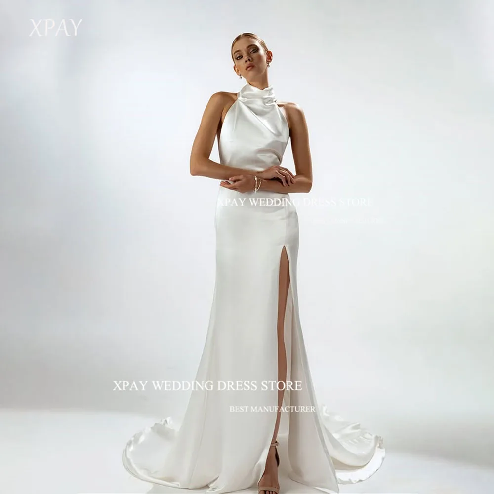 

XPAY Modern Side High Slit Mermaid Wedding Dresses Backless Silk Satin Train Women Bridal Gowns Vestidos de noiva Customized