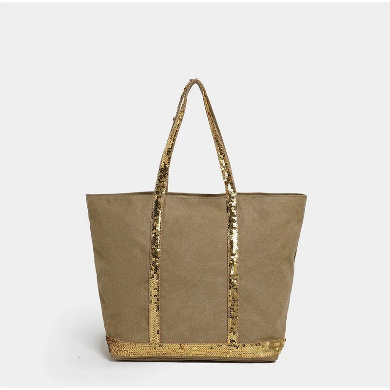 Pailletten-Canvas-Einkaufstasche mit Reißverschluss, große Kapazität, Vintage-Kontrastfarbe, Damen-Umhängetasche, Designer-Pendler-Alltagshandtasche, Schwarz – Detail 8