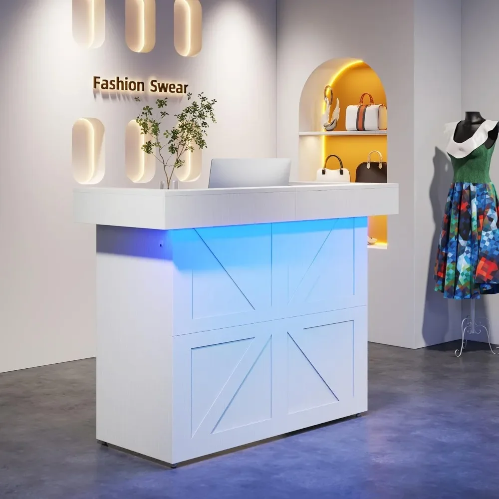 

Reception Desk with Light, 55-Inch Front Desk with Cable Grommets, Modern Retail Counter Table for Salon, Lobby, Shop