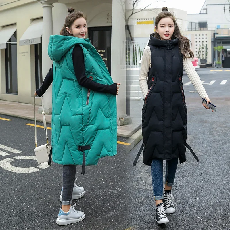 Women Parkas Vest Sleeveless Hooded Solid Long Jackets Button Zipper Pockets Casual Straight Outerwear Elegant Thick Vests