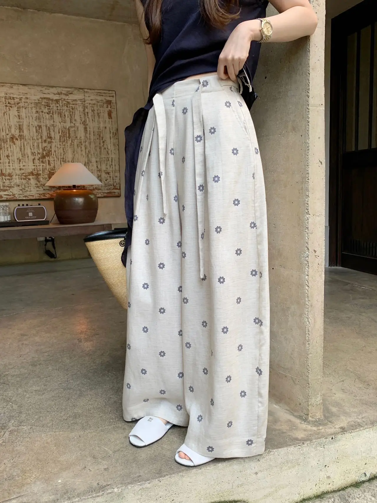 

Santa Casual Pants Women's High Waist Loose Fit Commute Style Polka Dot Print Elastic Back Slimming Floral Dot Pattern