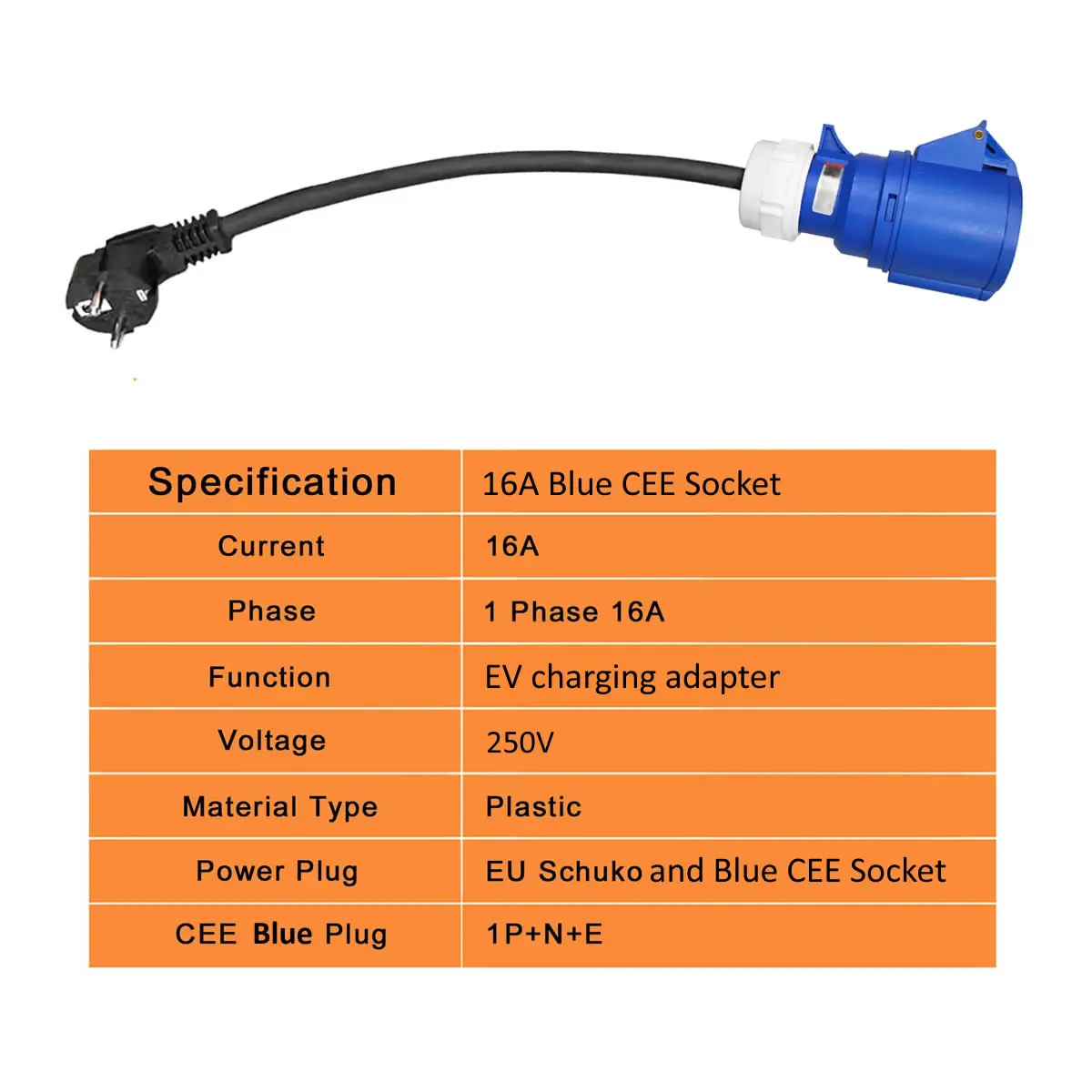 Adaptador de carga para vehículo eléctrico, enchufe CEE azul de 16A a adaptador de enchufe Schuko UE de 16A para cargador EV portátil