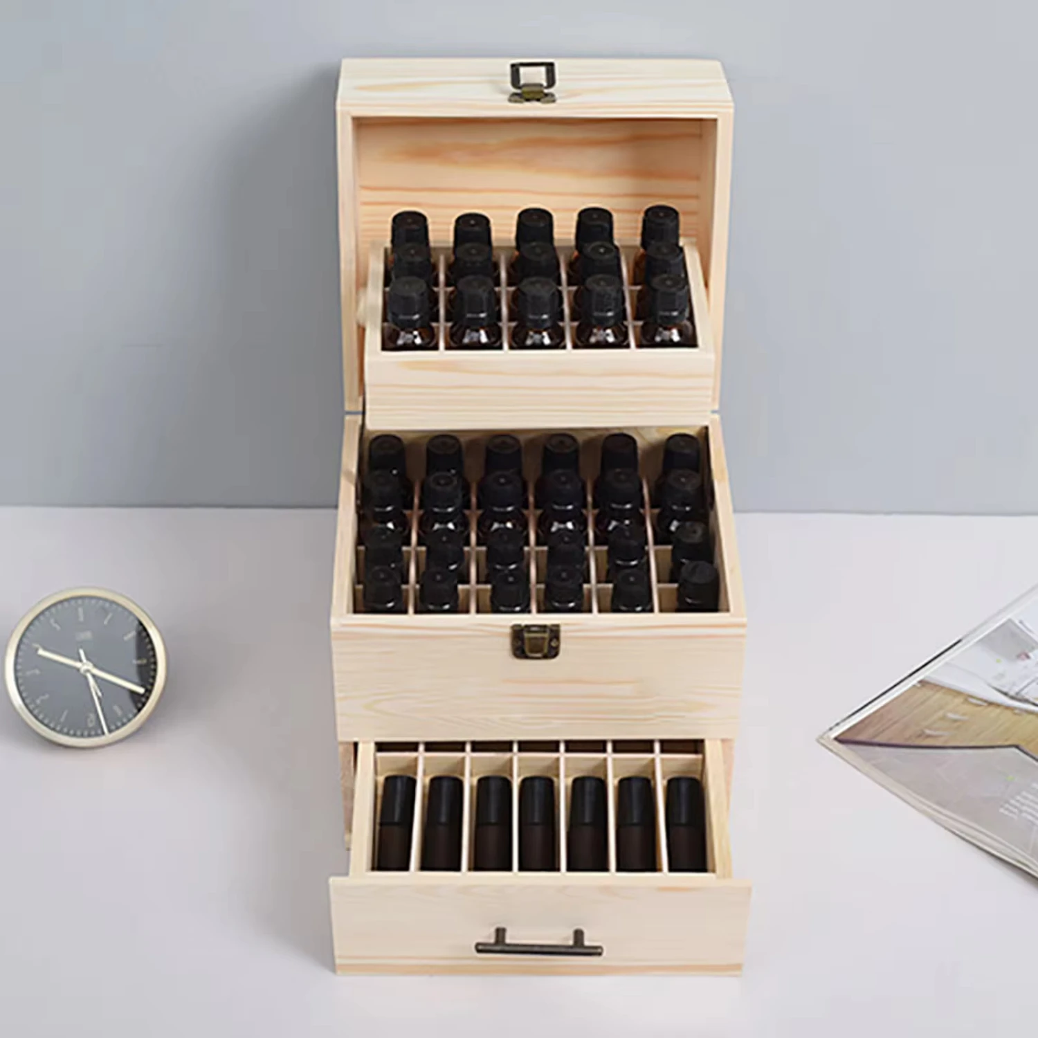 

New 3 Tiers Essential Oil Box Wooden Display Case Wood Container Organizer