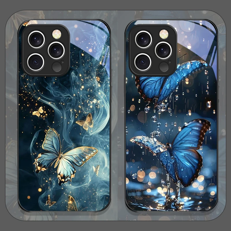 Coque de téléphone en verre trempé imprimée motif papillon bleu luxueux pour iPhone 17 16 Pro Max Air 15 13 12 11 Mini XS X 14 Plus