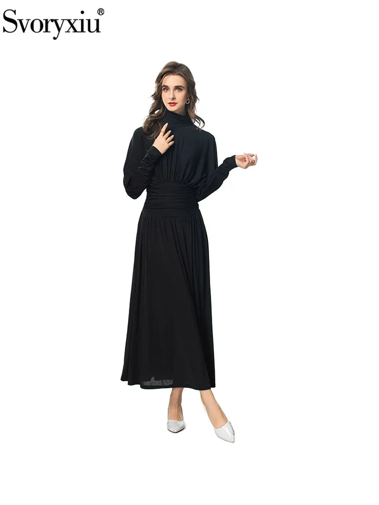 

Svoryxiu Fashion Runway Autumn Black Elegant Floor-Length Dress Women Stand Collar Long Sleeve Ruched High Waist Big Swing Dress