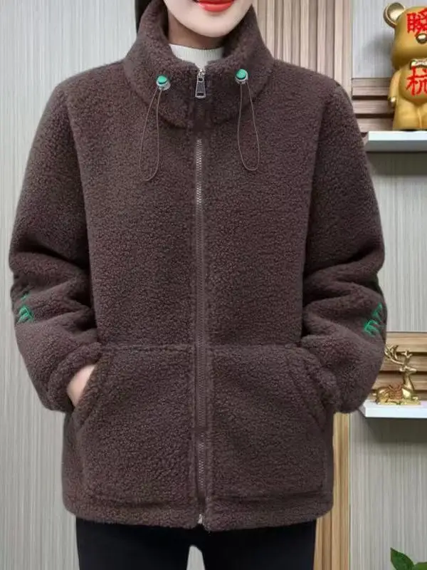 

Ladies Thickened Lamb Fur Jacket Winter Warm Zipper Closure Long Sleeve Pure Color Casual Fashion Outerwear Polyester Fiber