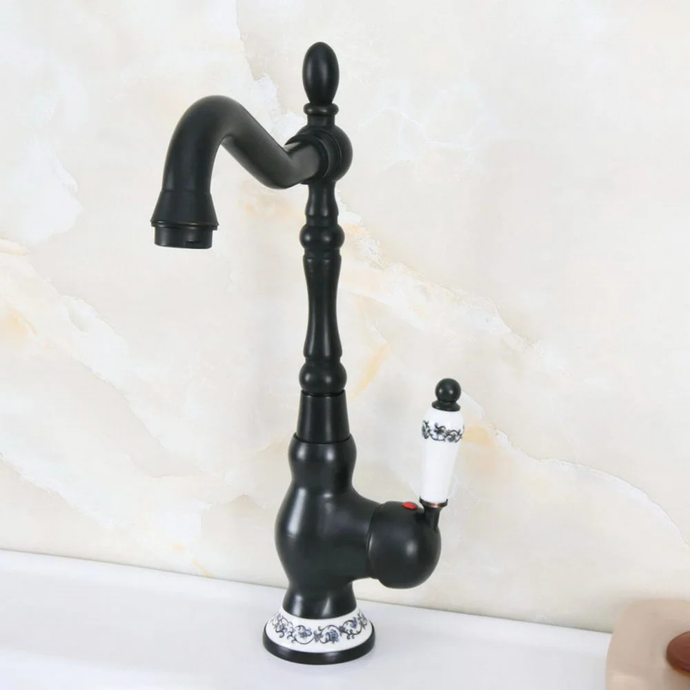 Black Oil Rubbed Bronze Swivel Spout Kitchen Faucet Ceramic Handle Wash Basin Sink Faucet Single Hole Deck Mounted Lnf656