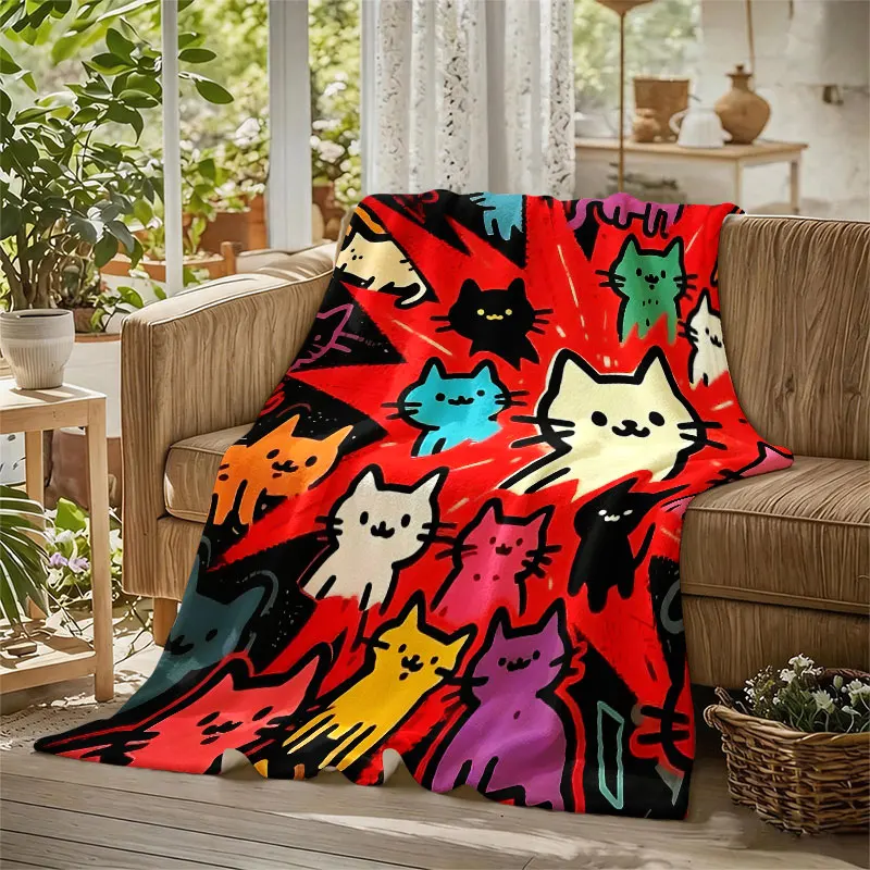 Doodle Cats Explosion Red Flannel Blanket Perfect for Sofa Office Bed Travel Sleep Read Relax Camping Four Season Use
