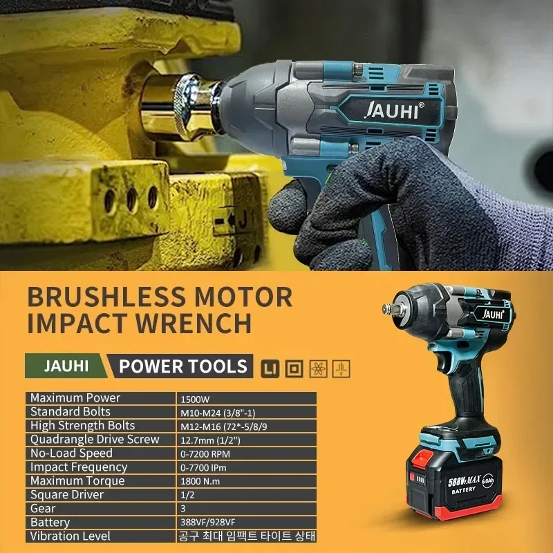 JAUHI 588VF 1800 N.M Torque Brushless Electric Impact Wrench 1/2 In With 30000mAh Lithium-Ion Battery For Makita 18V Battery