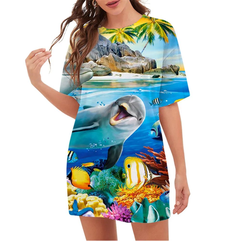 Ocean World Animal Fish 3D sukienka z nadrukiem na lato O-Neck z krótkim rękawem w stylu plażowym luźna sukienka ponadgabarytowa moda damska