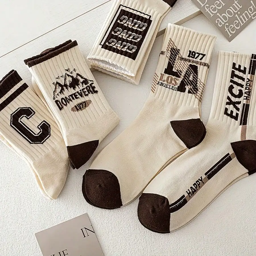 

5 пар носков с буквенным принтом в стиле ретро — унисекс, всесезонный уличный стиль до середины икры с жирной типографией, идеальная повседневная одежда