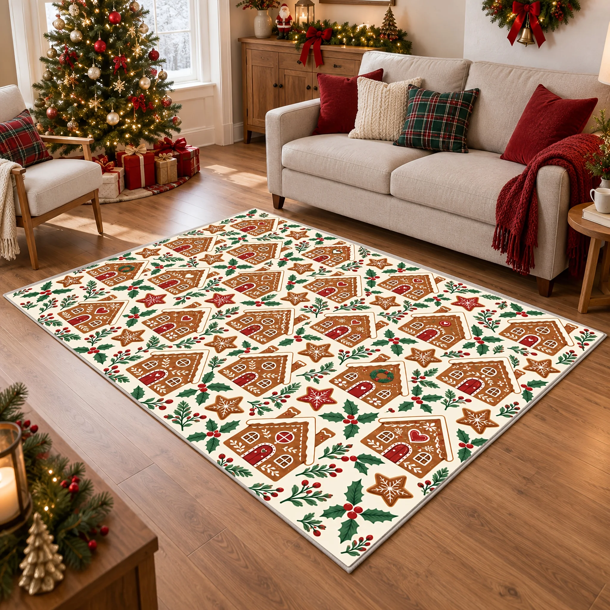 1pc Christmas Gingerbread House Seamless Printed Area Rug, 2D Flat Print, Indoor Floor Mat for Living Room, Xmas Home Decor