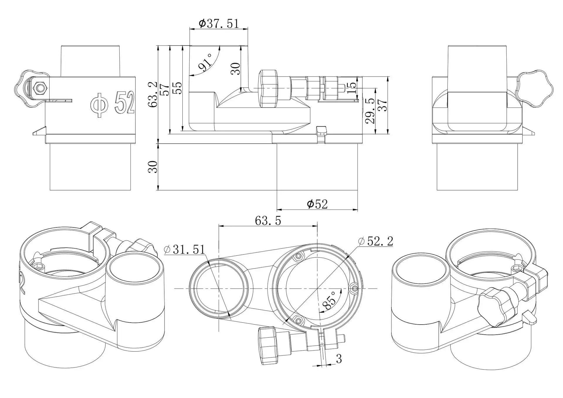 Cepillo aspirador para máquina de grabado, cubierta de colector de polvo para fresadora CNC 775, 300W, 500W, 52mm, 65mm, 80mm