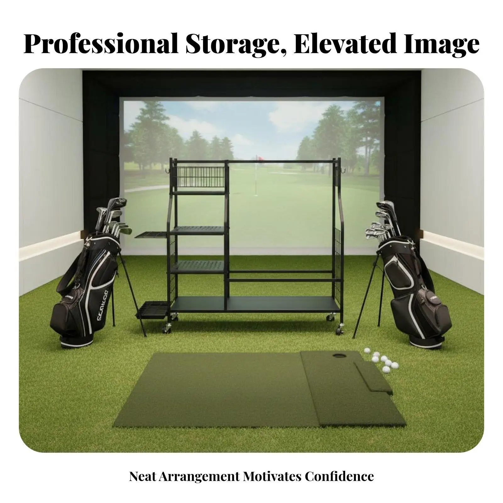 Golf Club Rack for Two Bags with Ball Basket and Shoe Shelf Rolling Metal Storage Cart for Driving Range and Garage Use