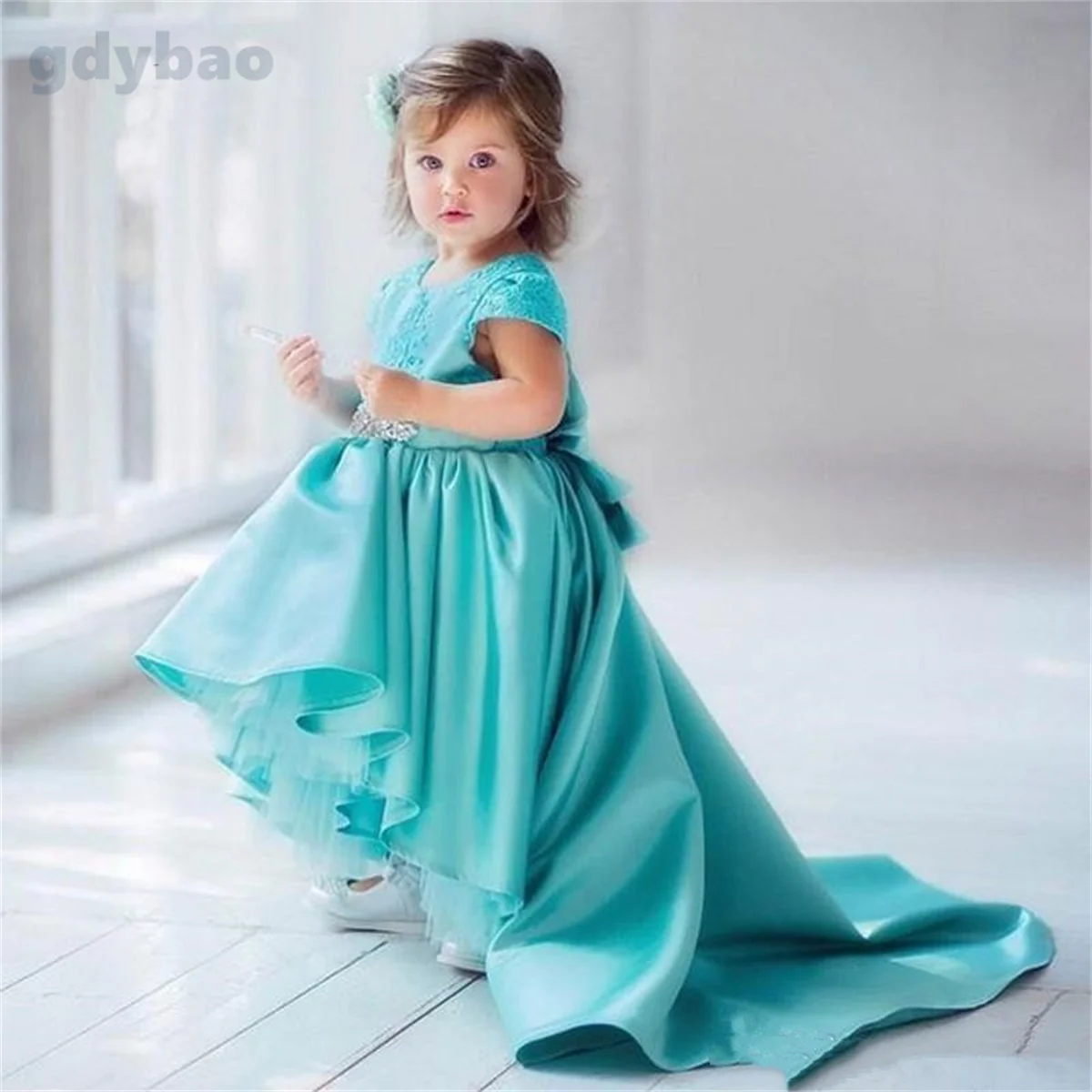 

Kids Dresses Girl Elegant Long Prom Green Tulle Gowns New Children Graduation Dress Teen Wedding Bridesmaid Robe