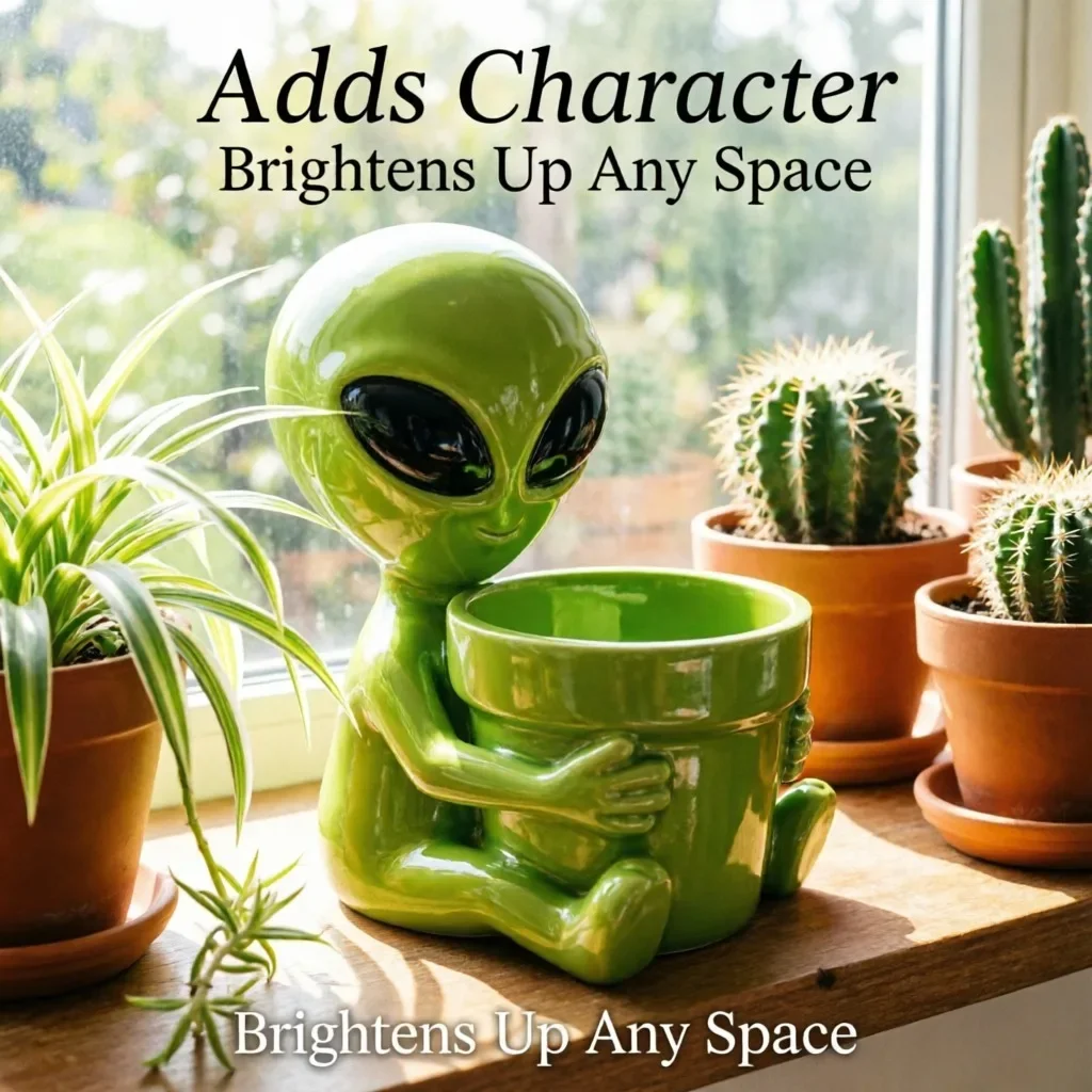 Green Aliens Planter Pot Resin Statue, Figurine Flowerpot Outdoor Garden Yard Bonsai Plant Holder Patio Decoration Ornament Gift