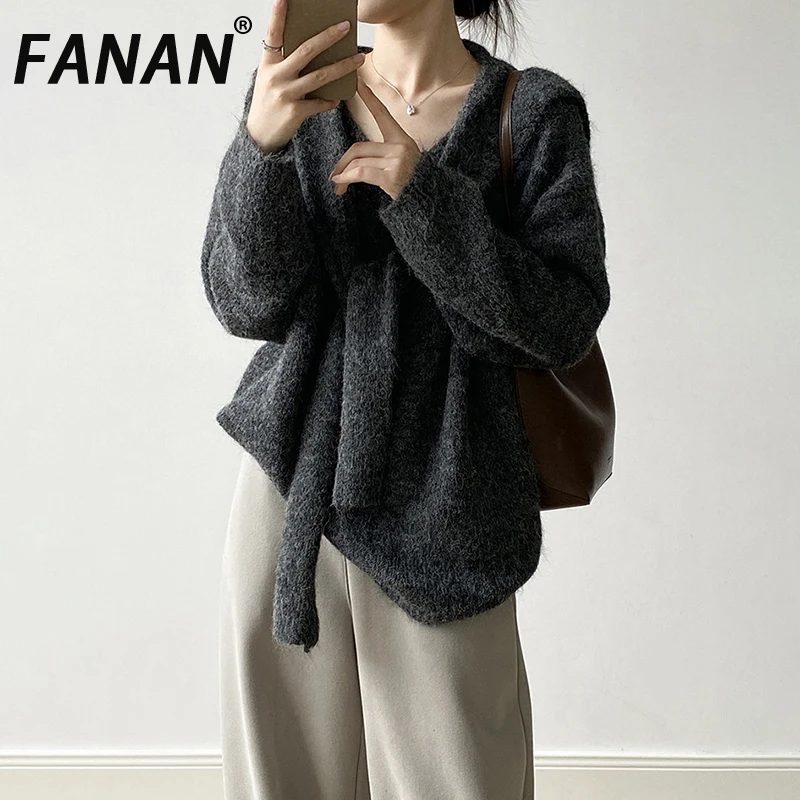

FANAN модный дизайн шаль вязаный пуловер свитер женский с v-образным вырезом повседневные свободные толстые теплые топы женские 2025 зимние новые топы