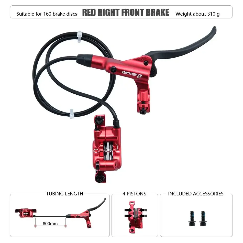 Zoom HB-876 4 Zuiger Opvouwbare Mountainbike Schijf Hydraulische Rem Set Voor 800 Achter 1400 Mm Mtb Fiets Kramp Rode Fietsonderdelen