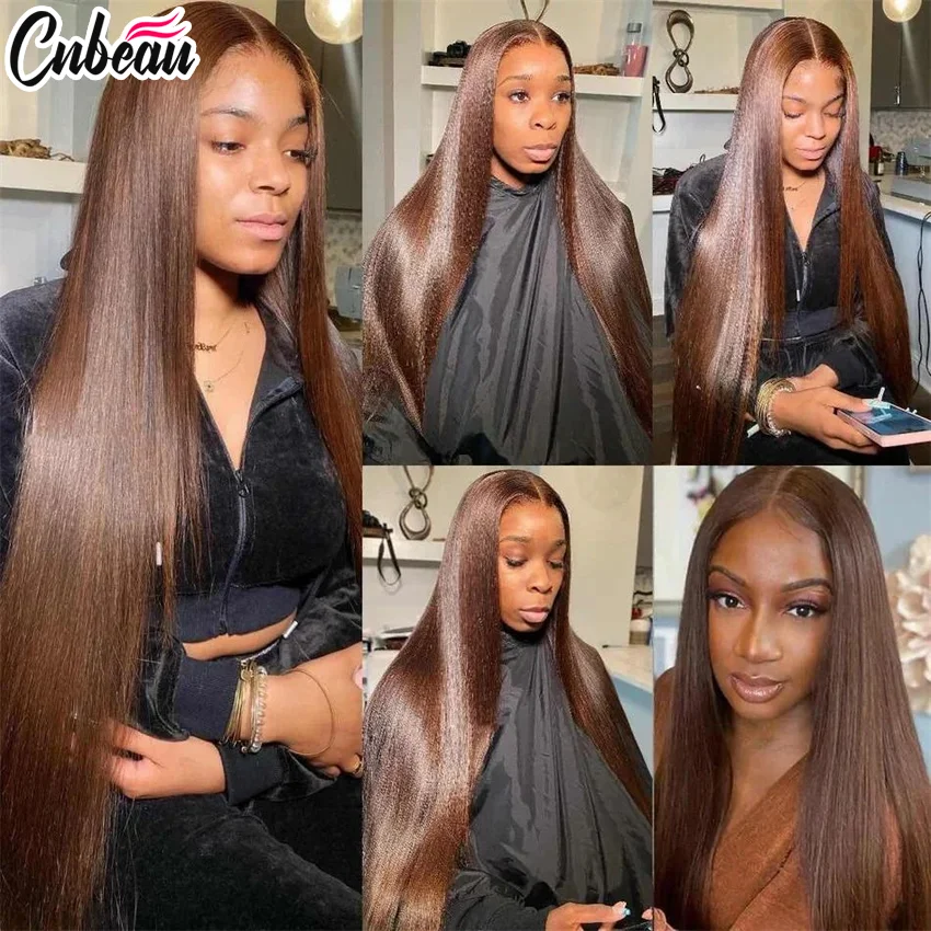 Perruque Full HD Lace Wig Remy Naturelle, Cheveux Lisses, Noir, Brun #4, 13x6, 13x4, Densité 360, pour Femme, 200%