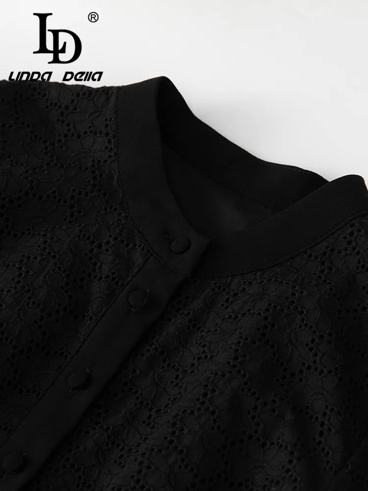 LD LINDA DELLA New Style Cheap Vintage Designer Dress Women Black Splice long sleeve Embossed hollow Single-breasted Party Dress