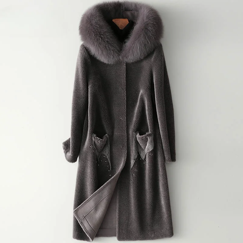 AYUNSUE Elegant 100% Sheep Shearing Coat Women Winter Hooded Wool Jackets for Women 2023 Casual Fur Coats Women Fox Fur Collar