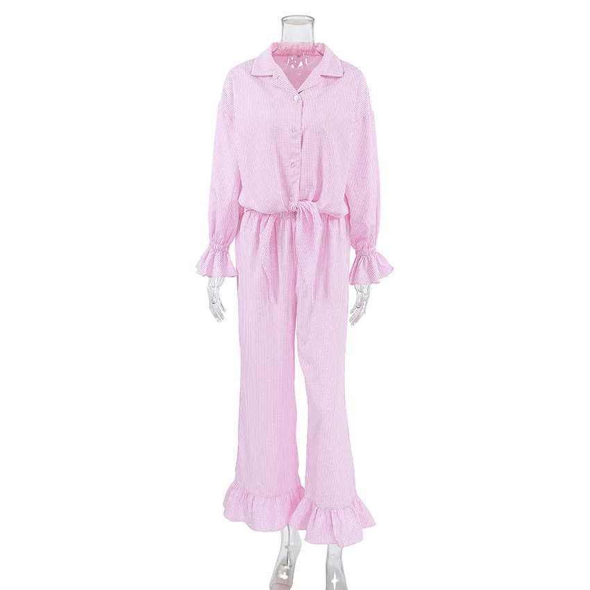 Autumn Winter Sweet Pink Plaid Cardigan Pajamas Long-sleeved Long Pants Ruffled Pajamas Sleepwear 2PCS Home Clothes For Women