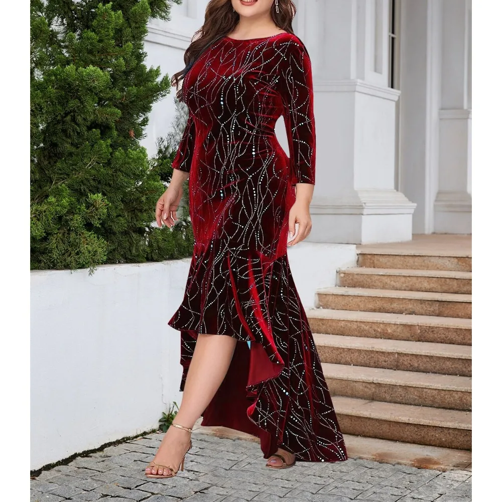 2023 Velvet Hot Silver Irregular Hem Long Cropped Sleeve Plus Size Dress