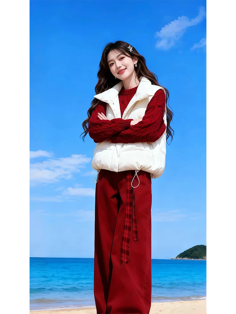 

Зимний комплект Faion, женский красный вязаный свитер, жилет, клетчатые широкие брюки, комплект из футболки, уютные повседневные брюки с высокой талией