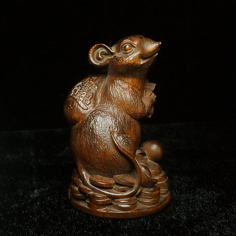 

1919 Antique art H 2.8 in Old Chinese boxwood hand carved lovely treasure mouse ingot statue table decoration Gift collectable