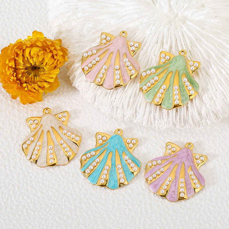 

2pcs Stainless Steel Enamel Sea Shell Pearl Charms 18K Gold Plated Pendants for Jewelry Making DIY Women Necklace Accessories