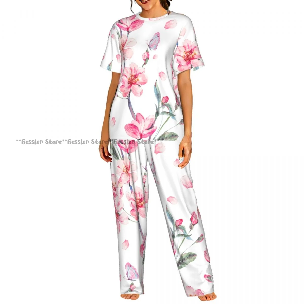 

Pink Flowers Blooming Branches Of Cherry Pajamas Set Short-sleeved Women Home Clothing