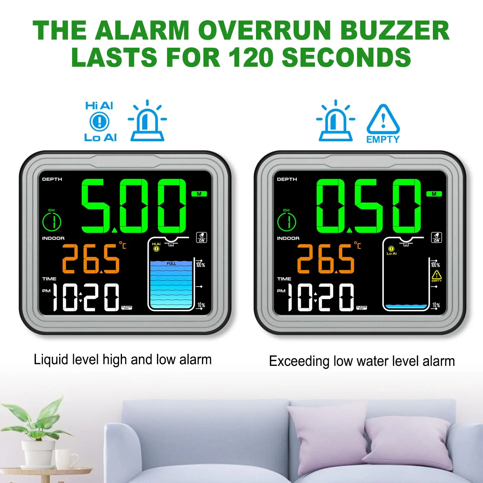 MASTFUYI 초음파 무선 수위 측정기 100M 범위 온도 센서 시간 표시 및 배터리 부족 경보 탱크 액체 모니터