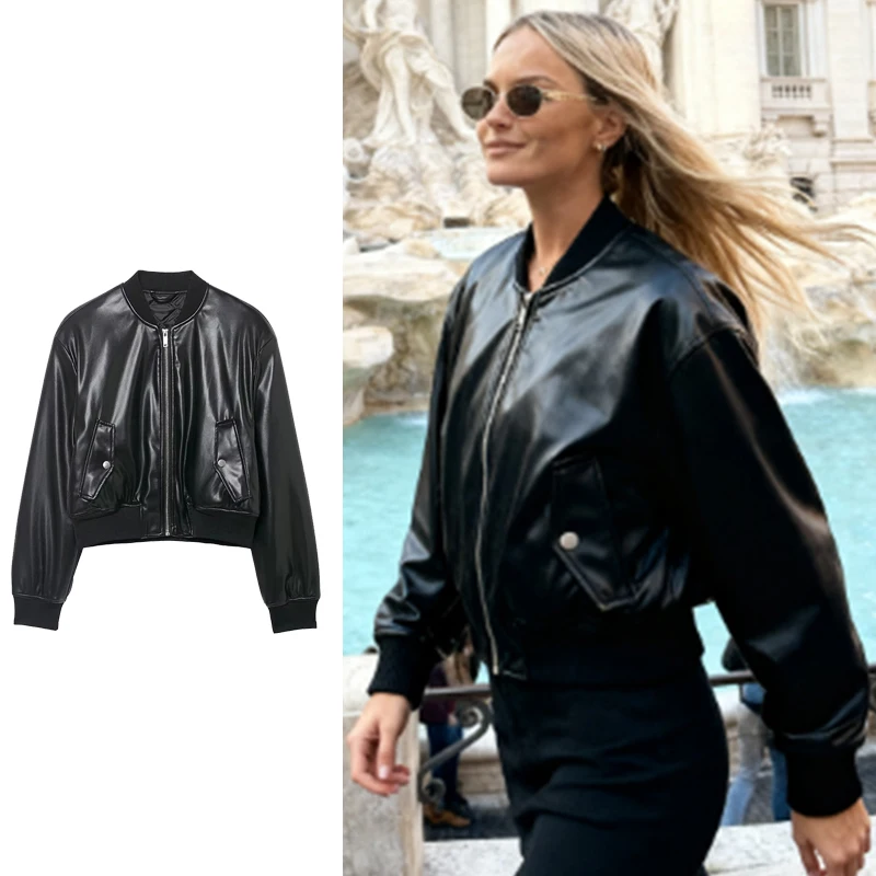 

Women Leather Jacket 2025 Fall Winter New Fashion Long Sleeve Zipper Leather Jacket Female Hight Street Leisure Outerwear