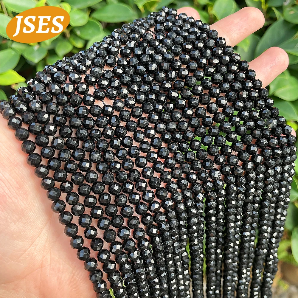 Natural Black Tourmaline Faceted Loose Beads for Jewelry Making DIY Accessories Necklace Bracelet 2/3/4/5mm Stone Seed Beads