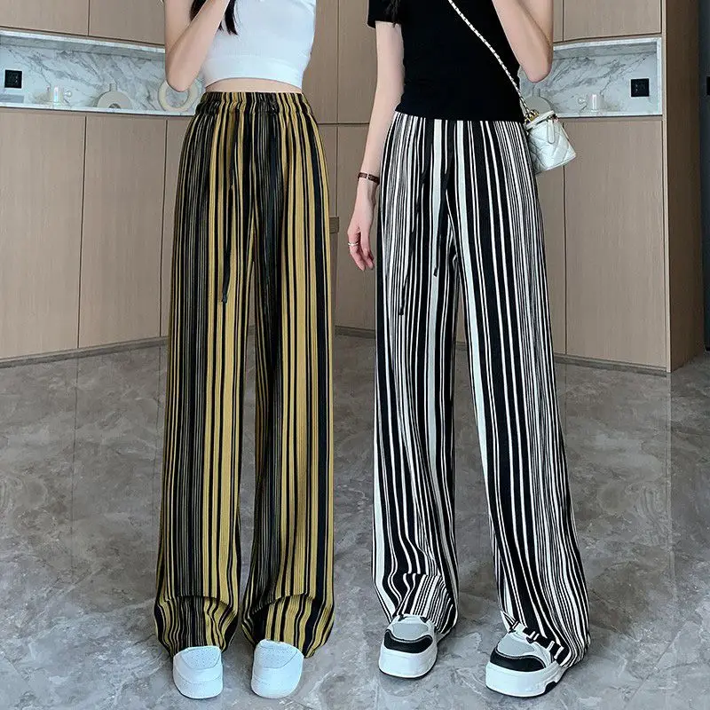 

2023 Spring and Summer Fashion Simple Stripe High Waist Slim Ice Silk Drop Feel Casual Loose Women's Straight Tube Floor Towers