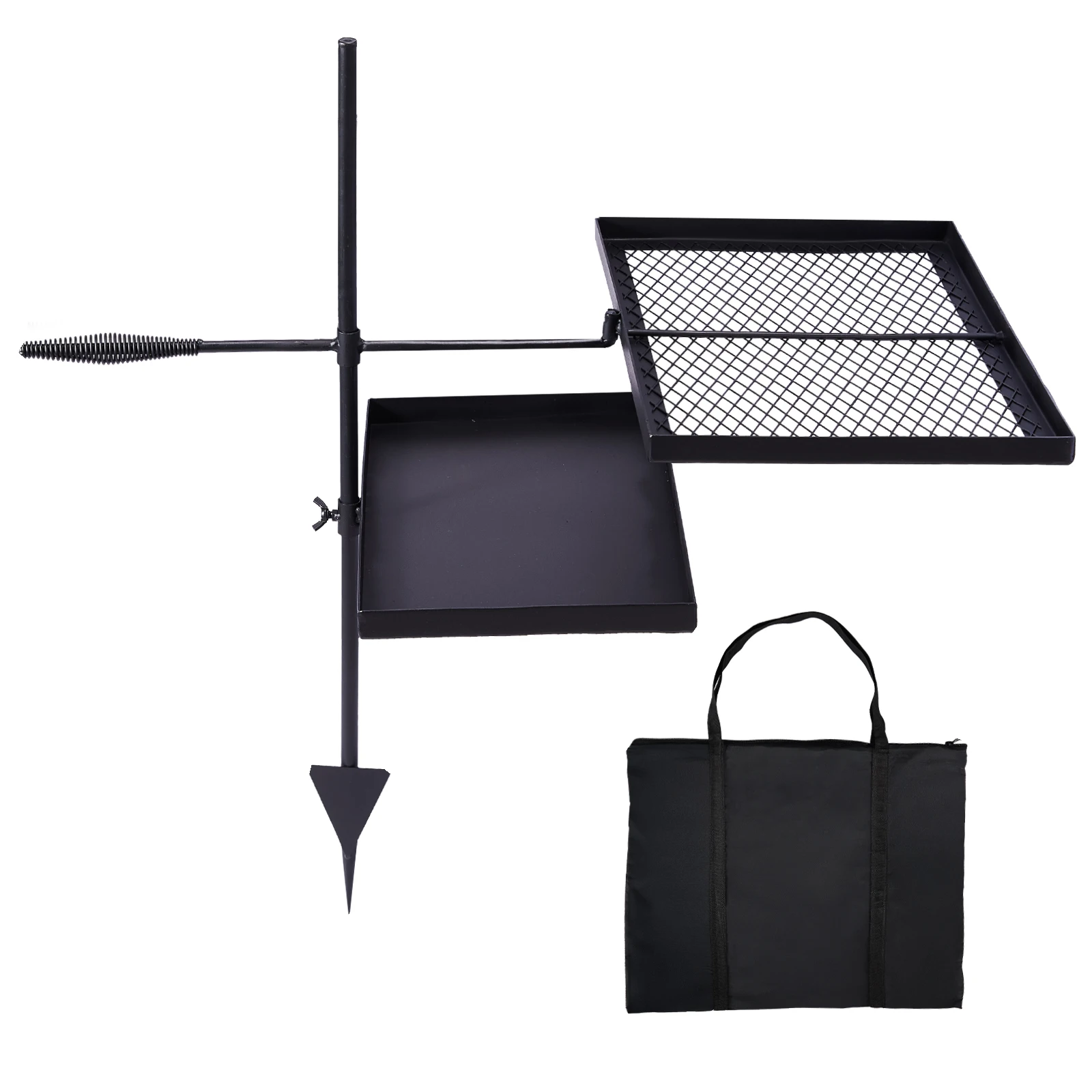 Combo de sartén giratoria para parrilla de fogata, rejilla para parrilla para acampar con rejilla para parrilla ajustable en altura, sartén para parrilla y bolsa de transporte