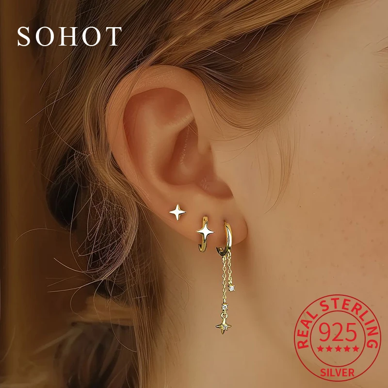 

1 Pcs Real 925 Sterling Silver Minimalist Zircon Start Chain Mini Stud Earrings For Women Fine Jewelry Personality Accessories