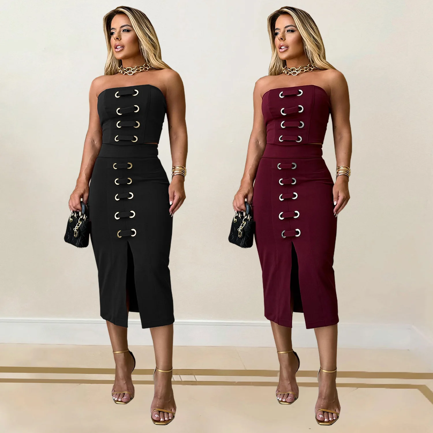 SKMY 스커트 세트 섹시한 스트랩리스 탑스 스플릿 롱 스커트 우아하고 패셔너블한 솔리드 컬러 여름 2025 신상 투피스 여성복