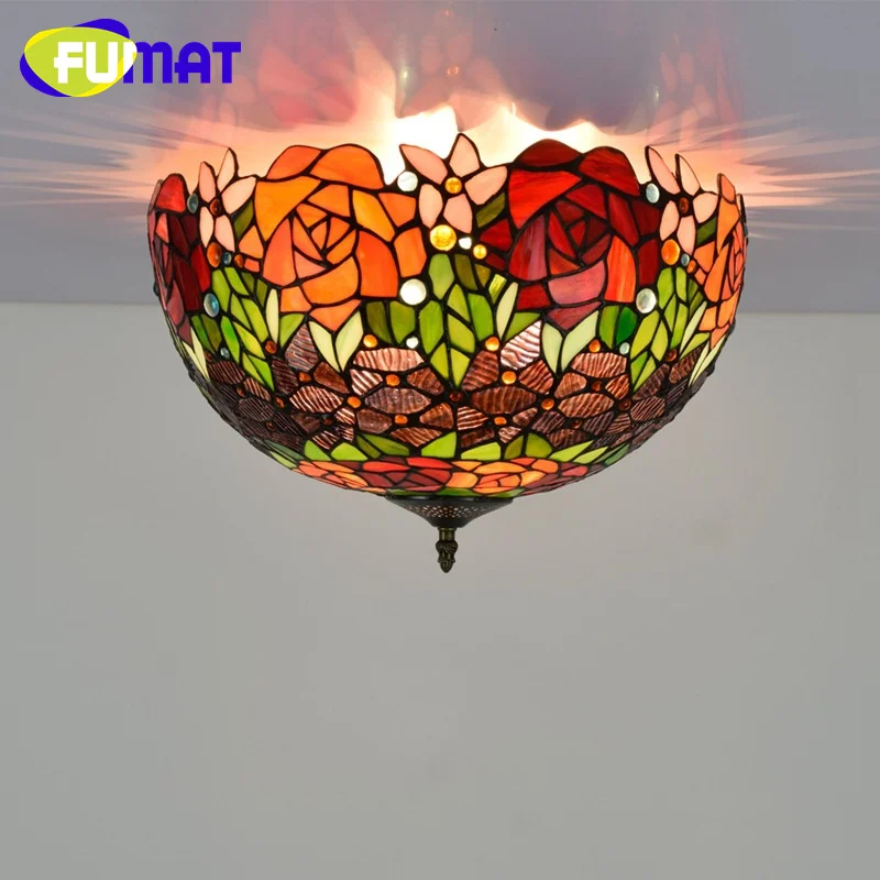 FUMAT Tiffany Style stained glass Gorgeous Rose 16inch overhead light for dining hall hallway bathroom ceiling light LED decor