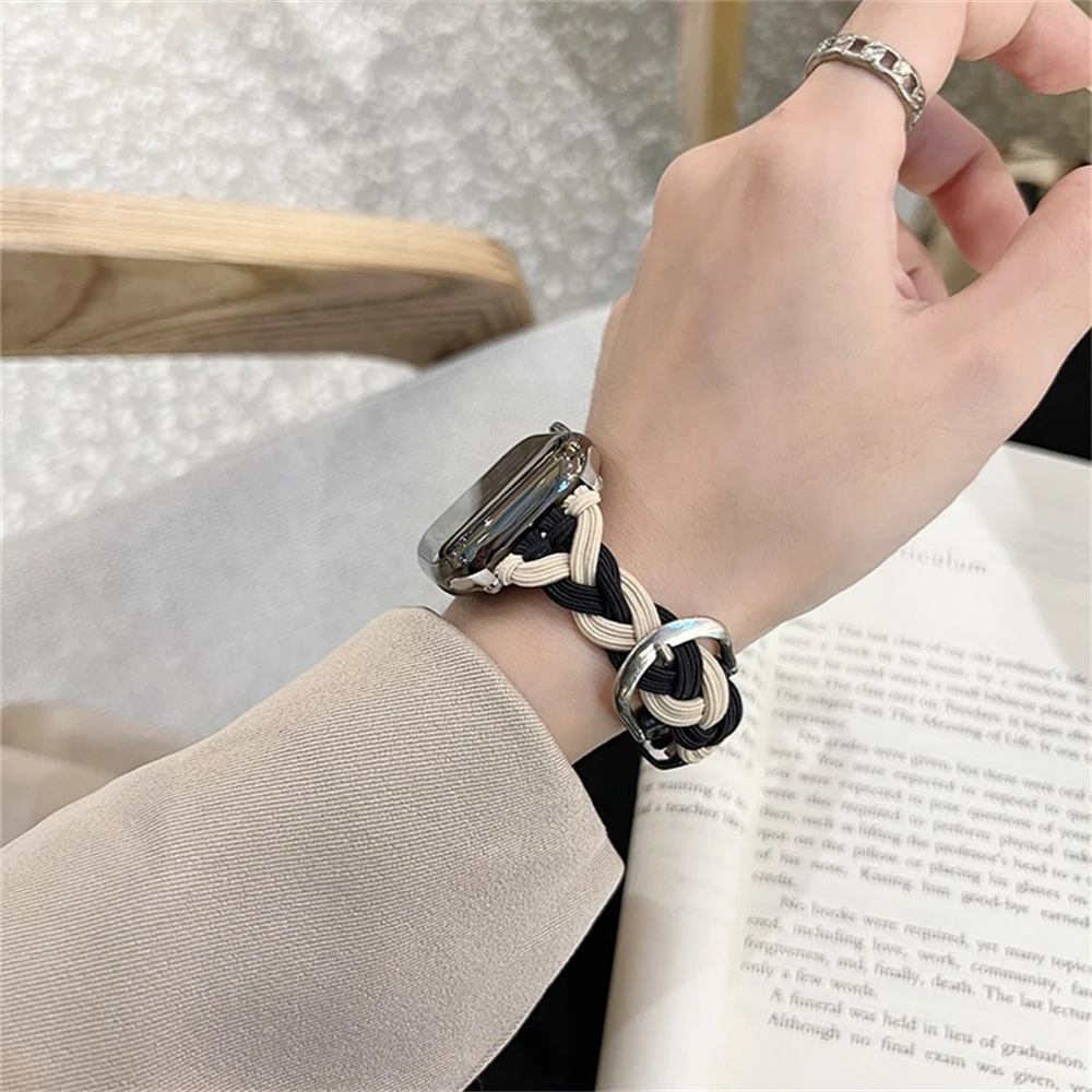 Ładny elastyczny warkocz lina nylonowa pasek do Apple Watch 44mm 40 45 41 49 42 38mm zimowa bransoletka dla Ultra serii 9 8 SE 7 6 5 4 3