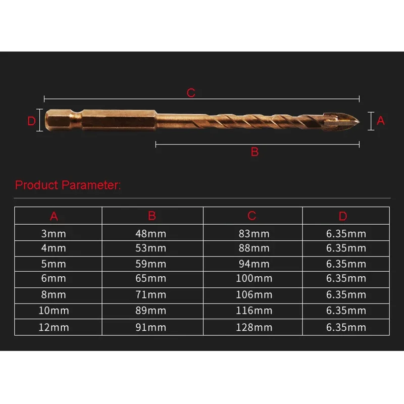 JUSTINLAU Lengthen Cross Hex Tile Bits Glass Ceramic Concrete Hole Opener Alloy Triangle Drill Size 3/4/5/6/8/10/12 mm