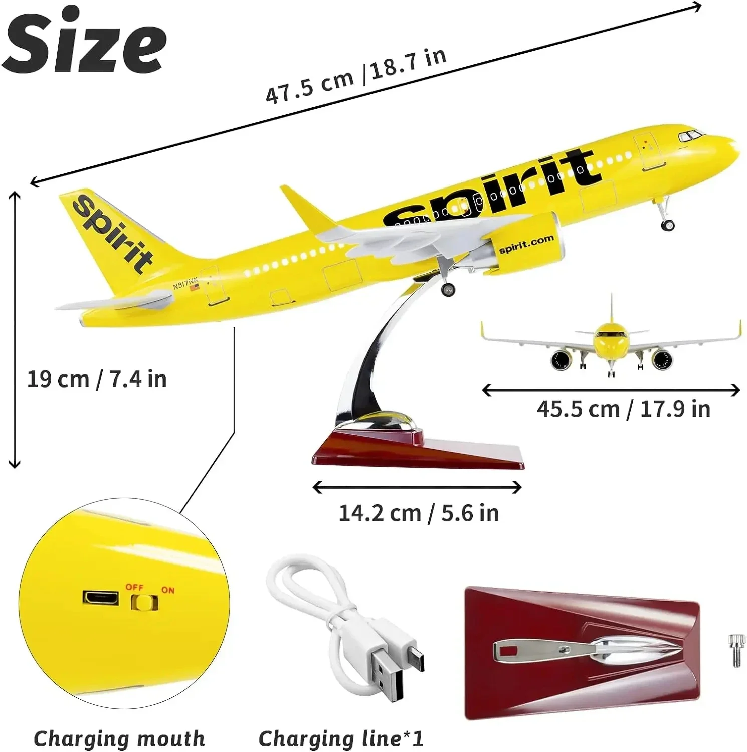 1:80 Scale Large Airplane Model Spirit Airlines Airbus 320 Plane Model Diecast Airplanes with LED Light for Collection or Gift