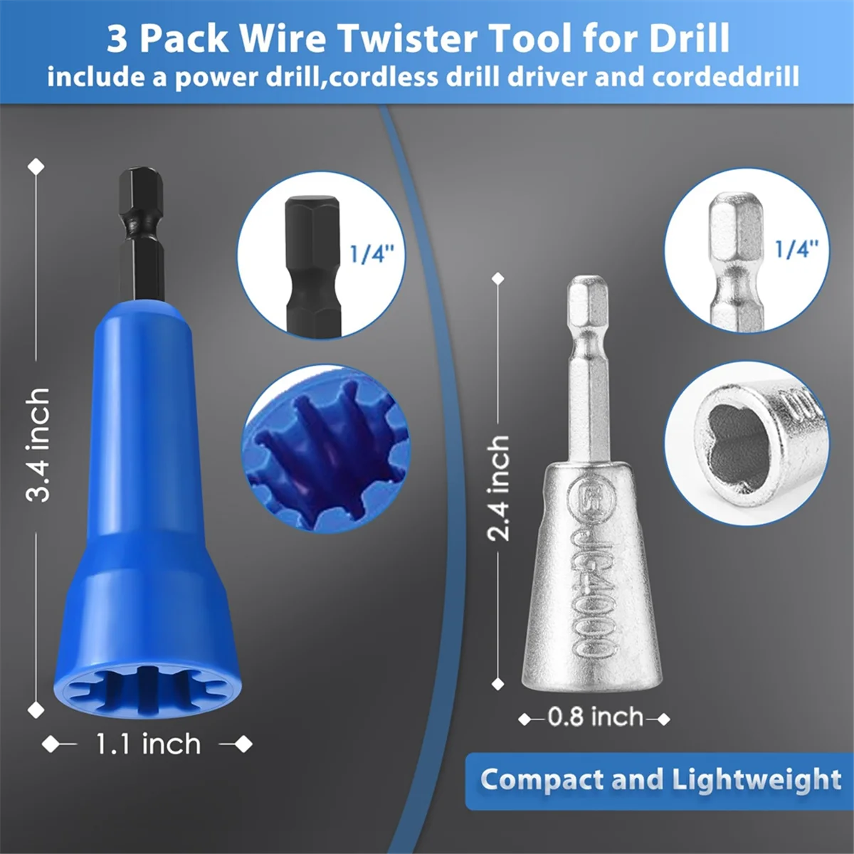 A76I 3 Pack Wire Twister Tool for Drill with 1/4inch Hex Shank,Electrician Tools WireNut Twister for Drill,Drill Wire Twister