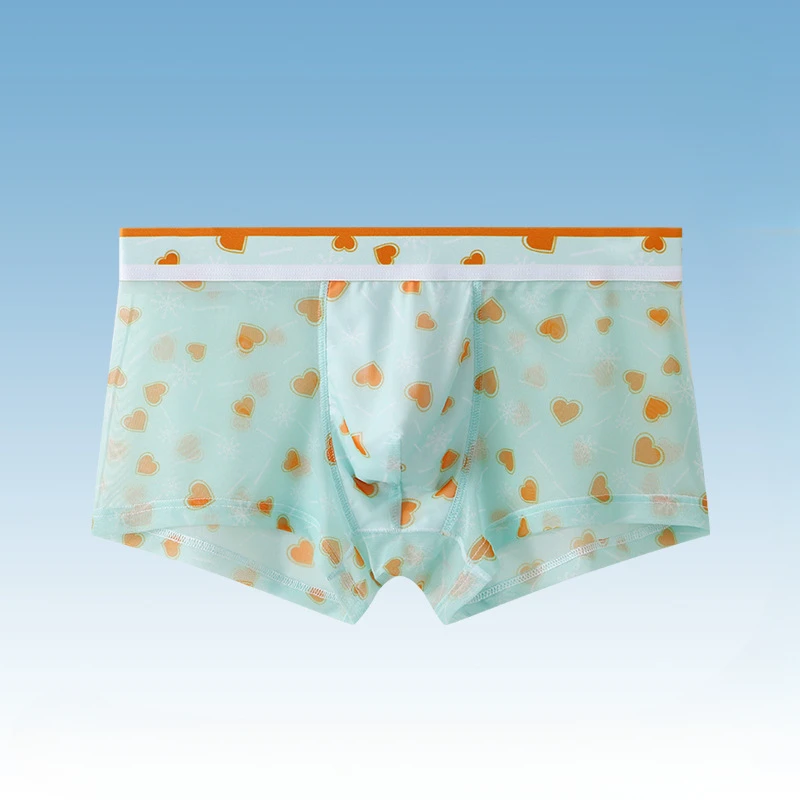 Men's Underwear Summer Ultra-Thin Boxers Briefs Floral Printed Ice Silk Mesh Underpants U Convex Pouch Quick-Drying Panties